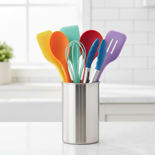 Colorful silicone kitchen utensil set 6 pieces in holder on white counter
