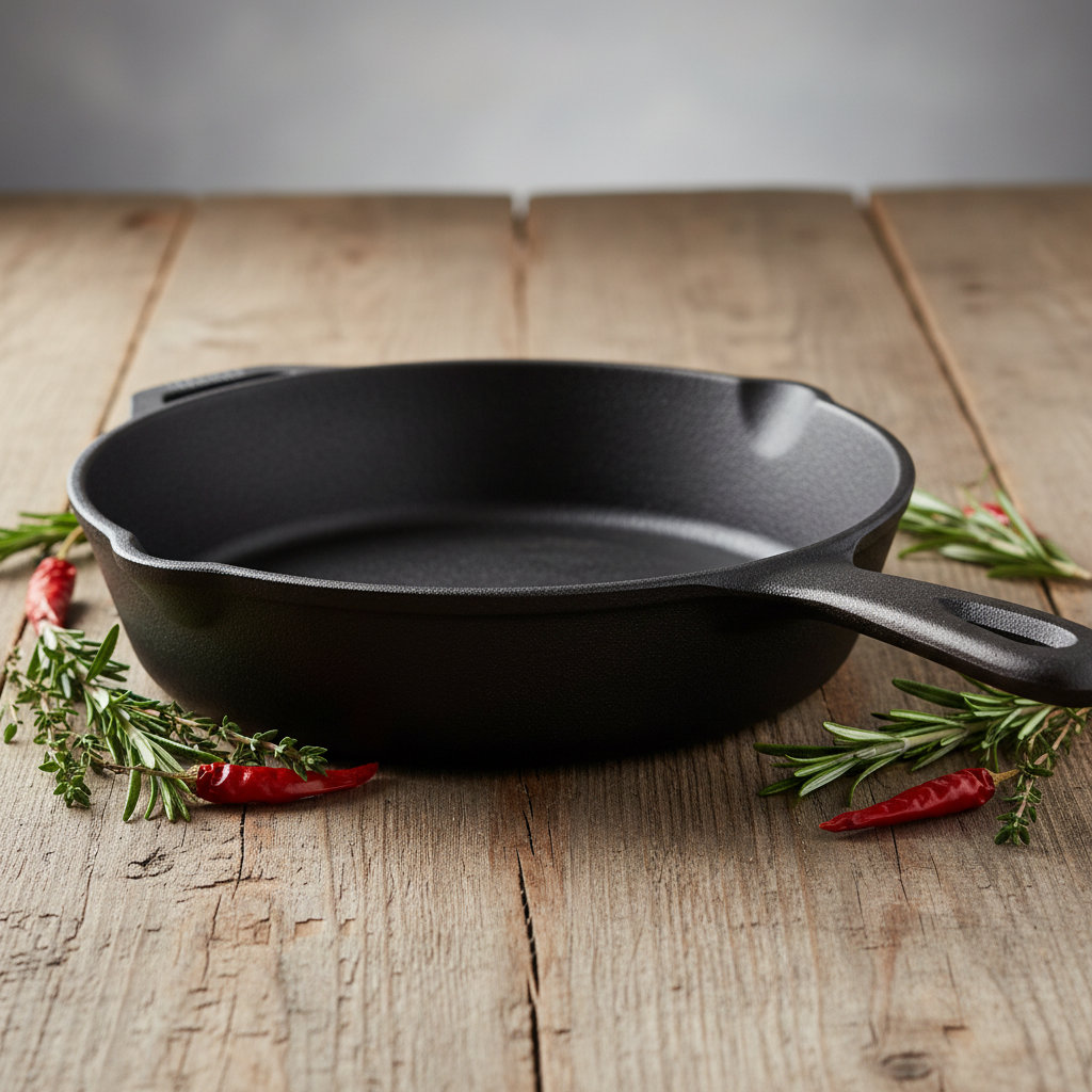 Pre-seasoned cast iron skillet side angle view on rustic wooden surface