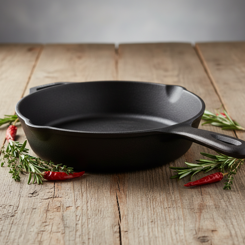 Pre-seasoned cast iron skillet side angle view on rustic wooden surface