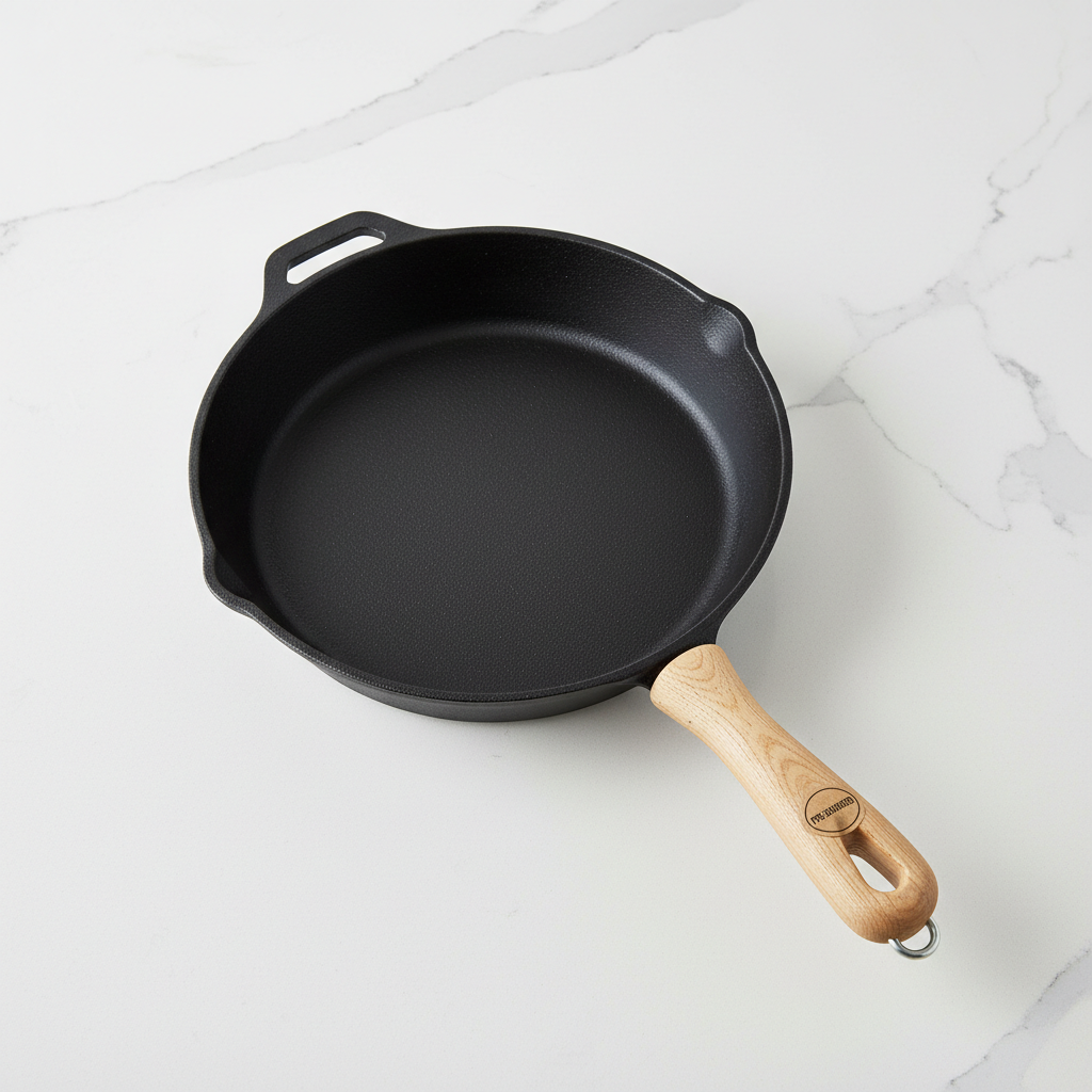 Pre-seasoned cast iron skillet pan on white kitchen counter