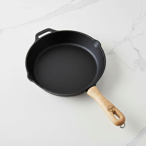 Pre-seasoned cast iron skillet pan on white kitchen counter