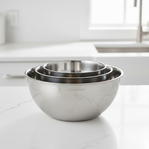 3-piece stainless steel mixing bowl set nesting on white kitchen counter
